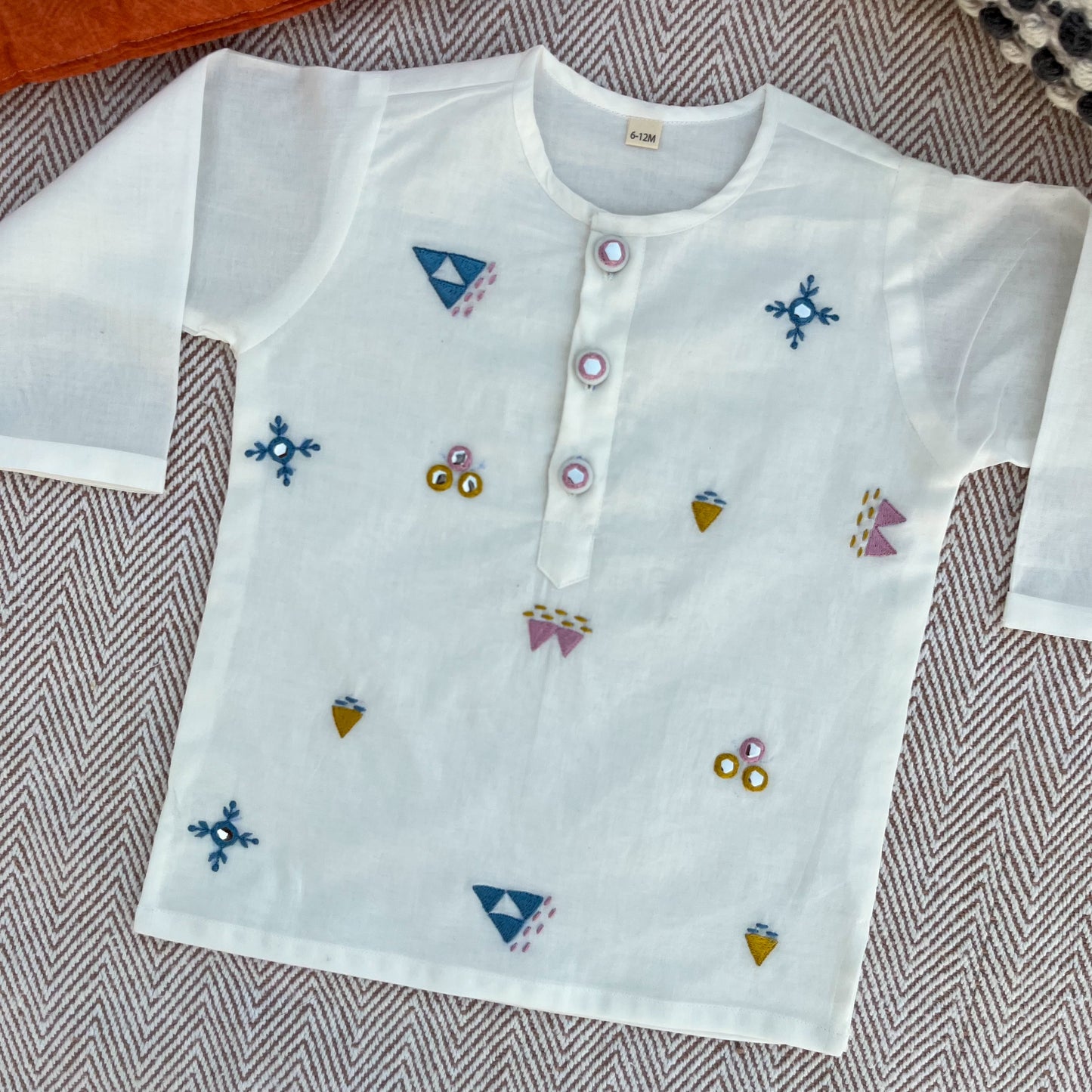 Organic cotton mirror work embroidered kurta set by Bhaakur- perfect festive wear for infants, toddlers and kids.
