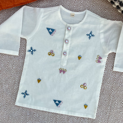Organic cotton mirror work embroidered kurta set by Bhaakur- perfect festive wear for infants, toddlers and kids.