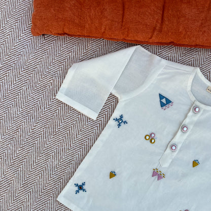 Organic cotton mirror work embroidered kurta set by Bhaakur- perfect festive wear for infants, toddlers and kids.