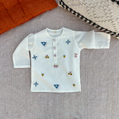 Organic cotton mirror work embroidered kurta set by Bhaakur- perfect festive wear for infants, toddlers and kids.