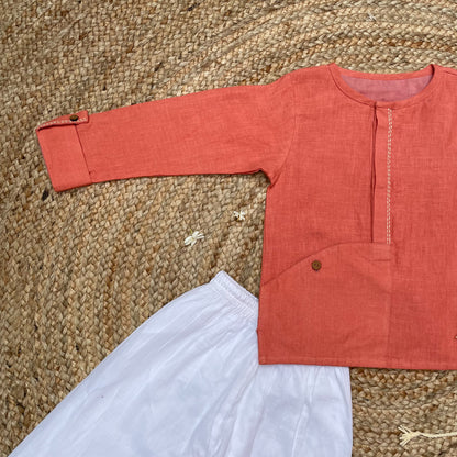 Handwoven Linen Kurta Set(Orange)