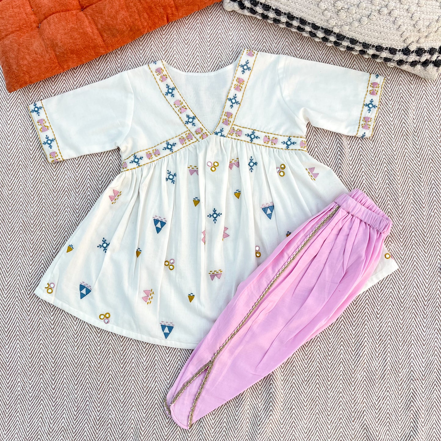 Organic cotton mirror work embroidered kurta set with dupatta by Bhaakur- perfect festive wear for infants, toddlers and kids.