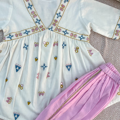 Organic cotton mirror work embroidered kurta set with dupatta by Bhaakur- perfect festive wear for infants, toddlers and kids.