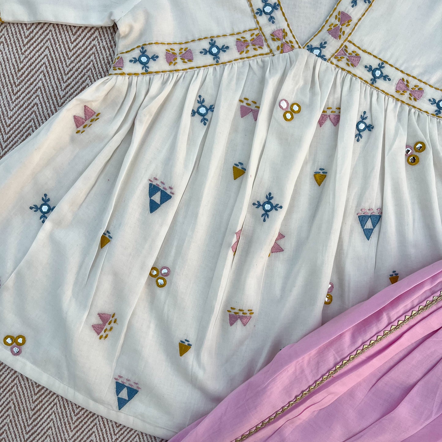 Organic cotton mirror work embroidered kurta set with dupatta by Bhaakur- perfect festive wear for infants, toddlers and kids.