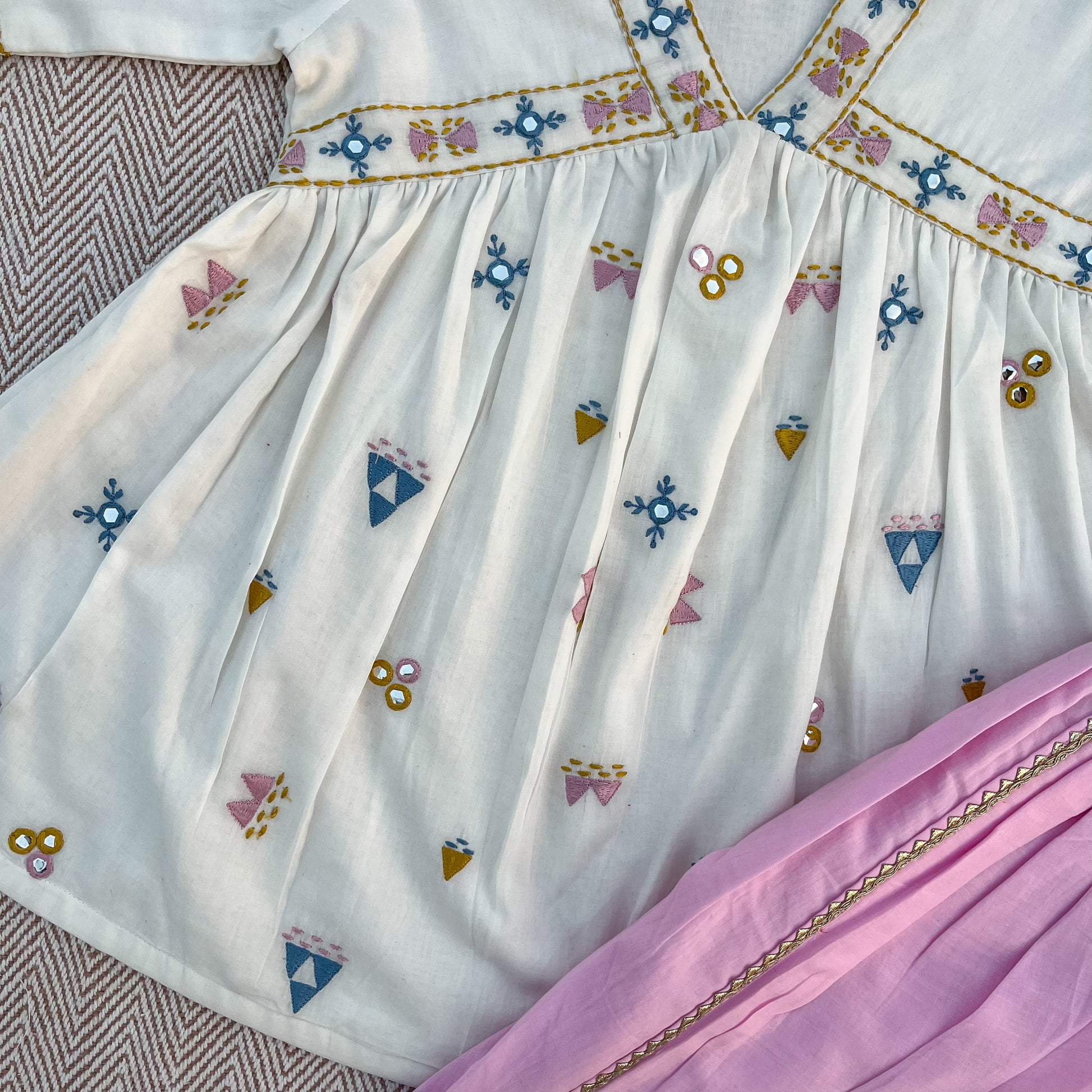 Organic cotton mirror work embroidered kurta set with dupatta by Bhaakur- perfect festive wear for infants, toddlers and kids.