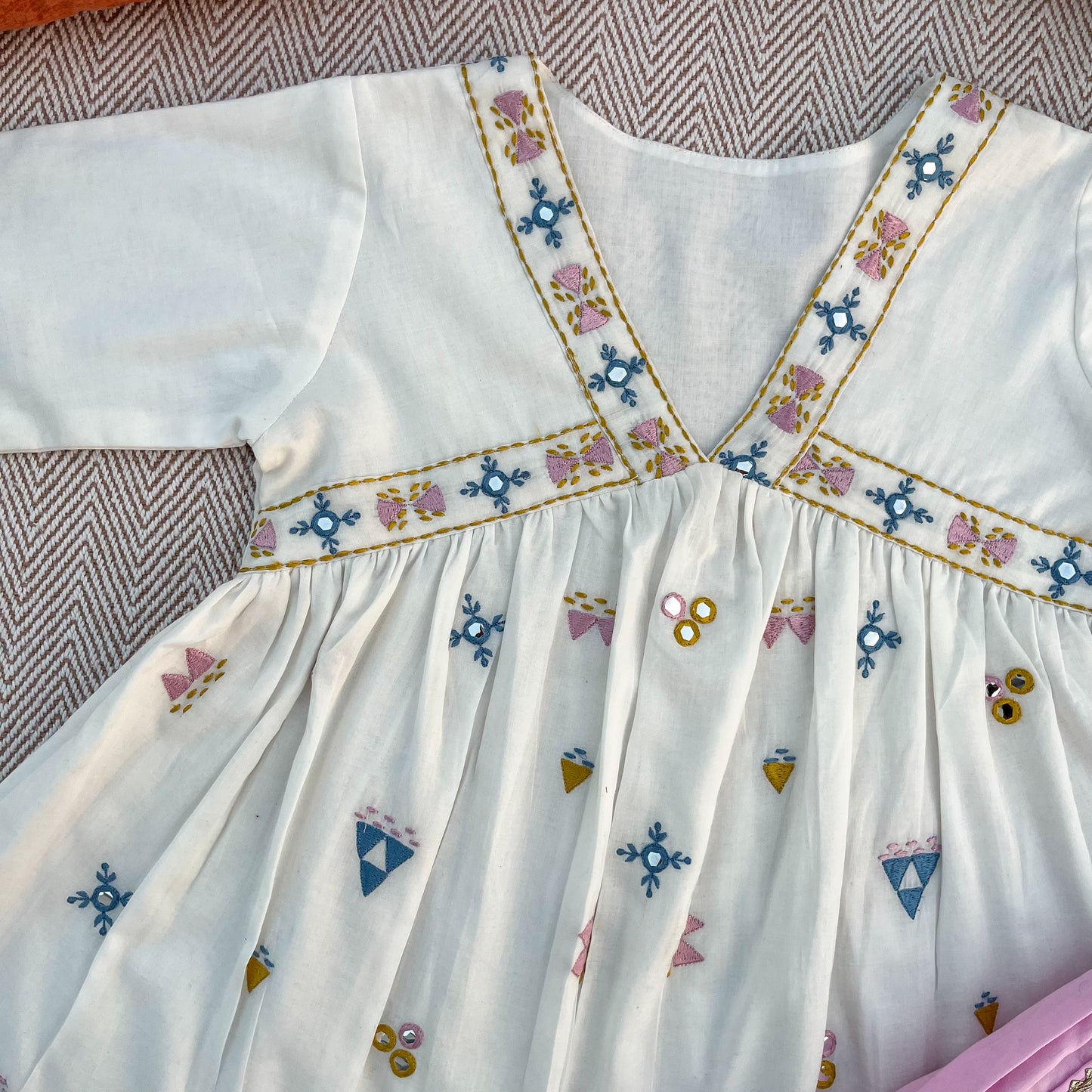 Organic cotton mirror work embroidered kurta set with dupatta by Bhaakur- perfect festive wear for infants, toddlers and kids.