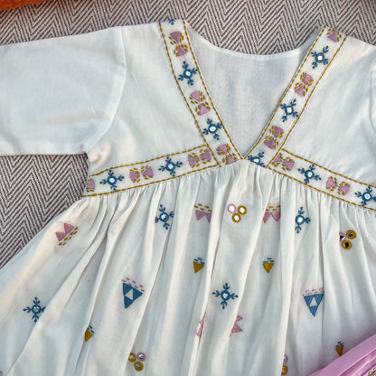 Organic cotton mirror work embroidered kurta set with dupatta by Bhaakur- perfect festive wear for infants, toddlers and kids.