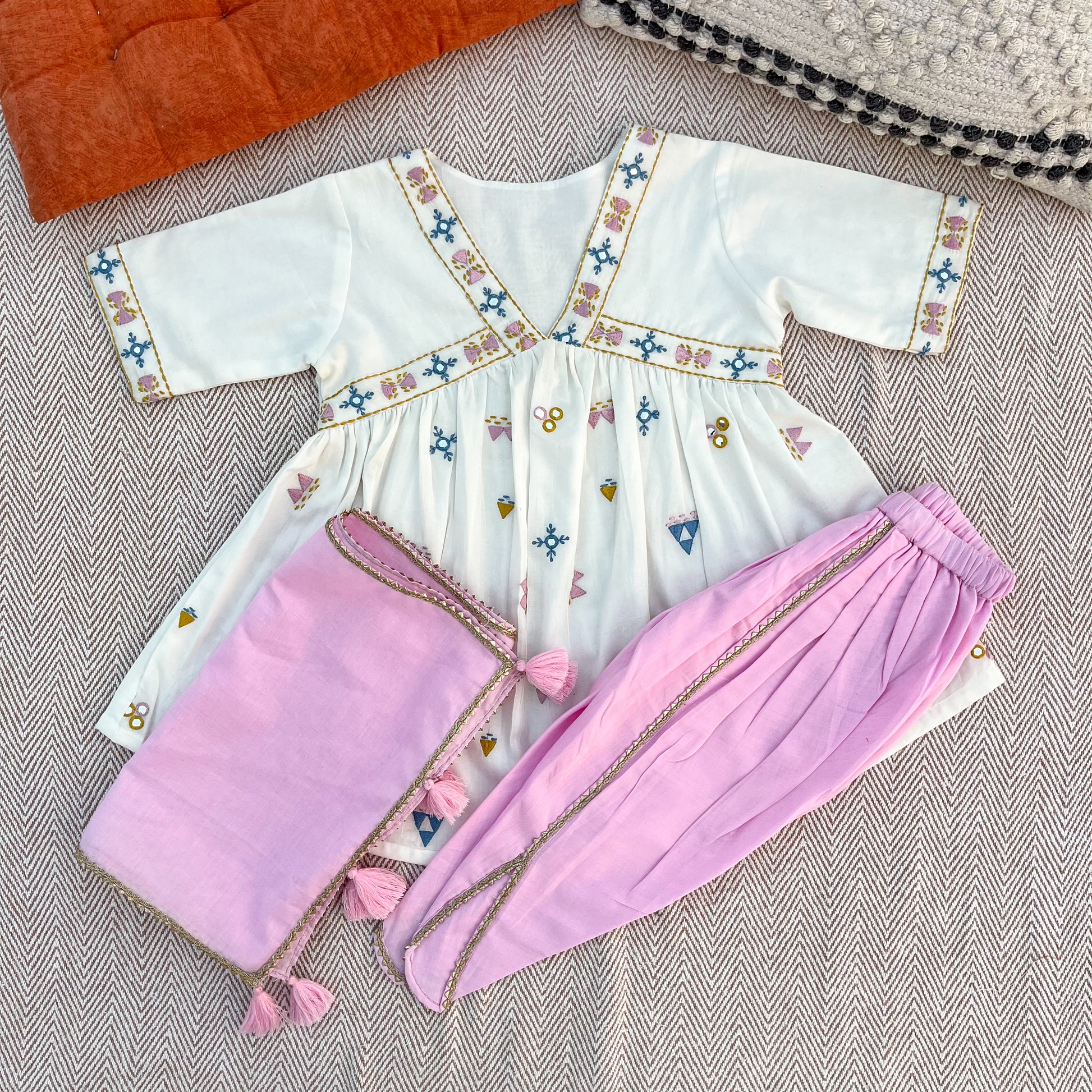 Organic cotton mirror work embroidered kurta set with dupatta by Bhaakur- perfect festive wear for infants, toddlers and kids.