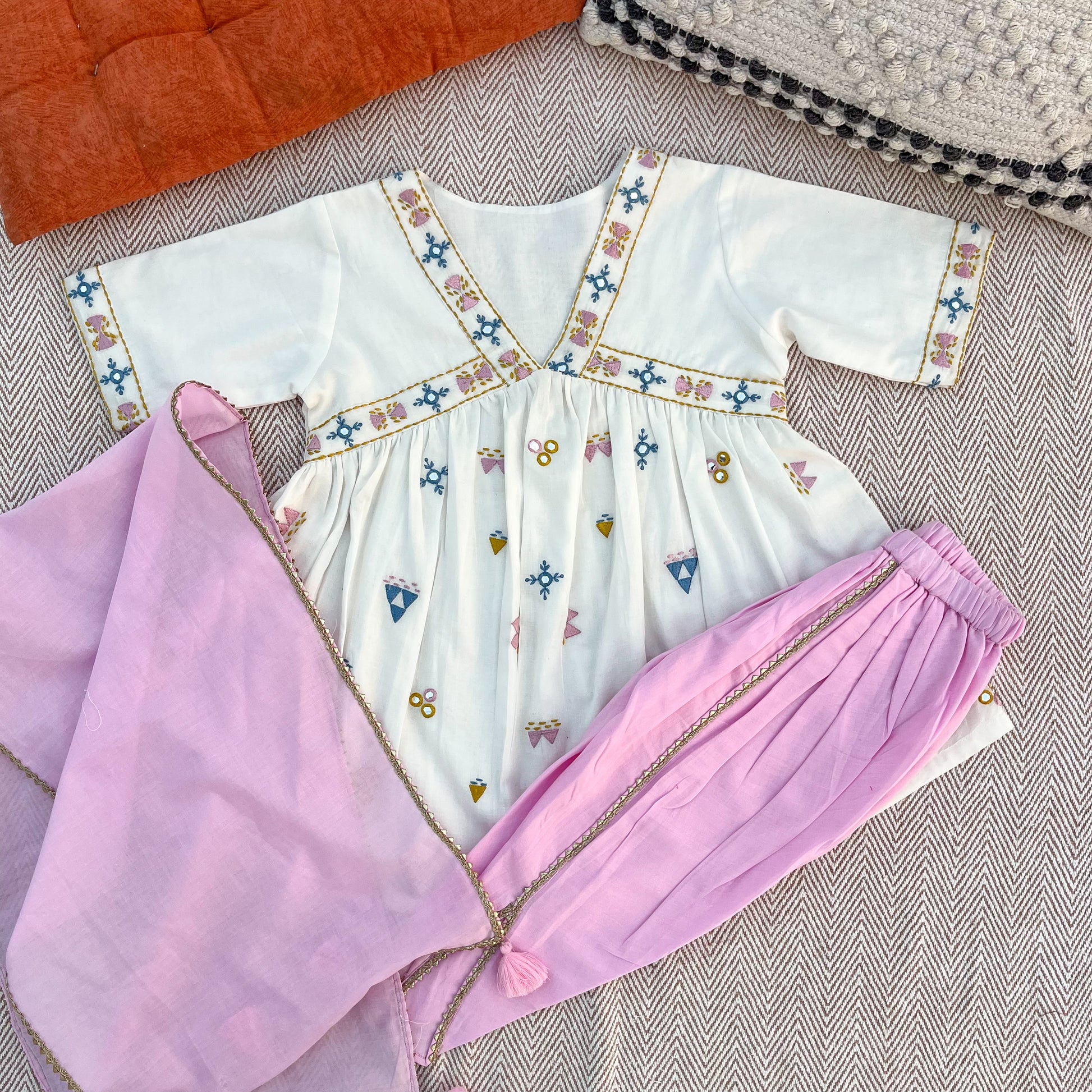 Organic cotton mirror work embroidered kurta set with dupatta by Bhaakur- perfect festive wear for infants, toddlers and kids.