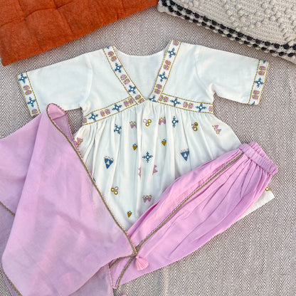 Organic cotton mirror work embroidered kurta set with dupatta by Bhaakur- perfect festive wear for infants, toddlers and kids.