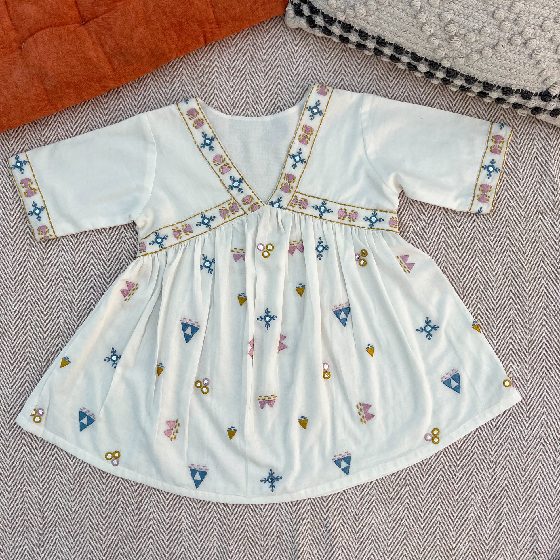 Organic cotton mirror work embroidered kurta set with dupatta by Bhaakur- perfect festive wear for infants, toddlers and kids.