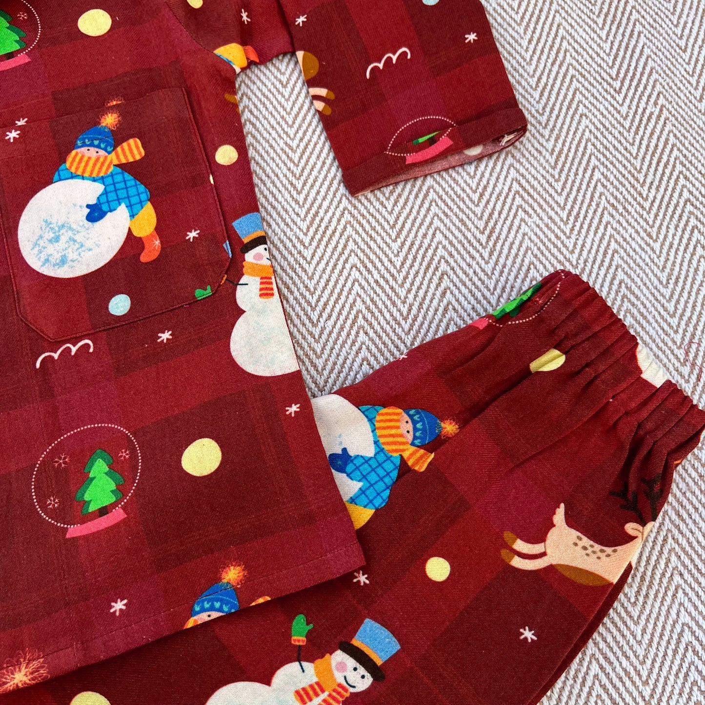 Cotton twill snowman co-ord set  for infants, toddlers and kids-perfect for festive occasions