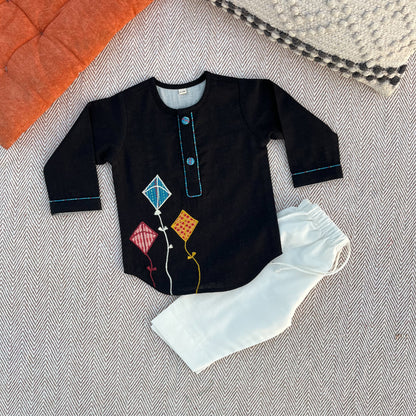 Sankranti special cotton slub black patchwork embroidered kite kurta set for infants, toddlers and kids.