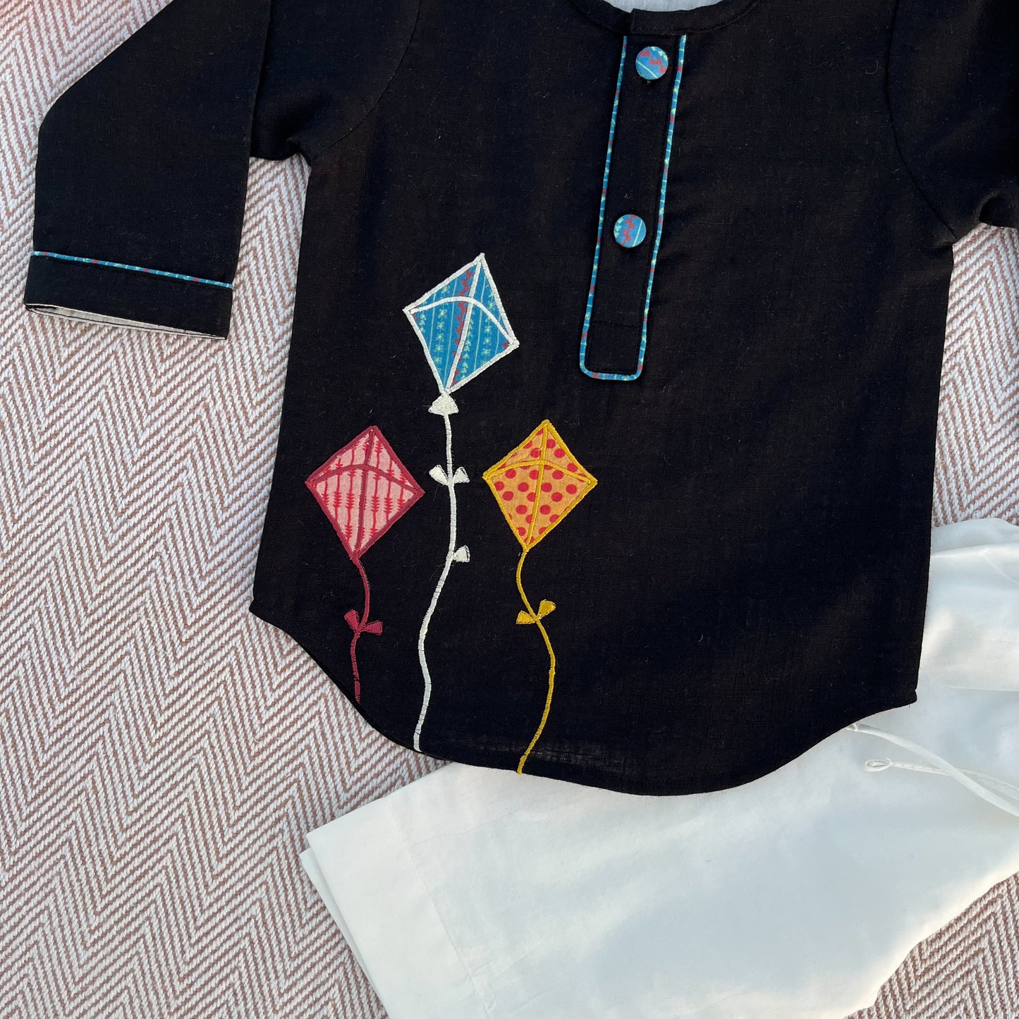 Sankranti special cotton slub black patchwork embroidered kite kurta set for infants, toddlers and kids.