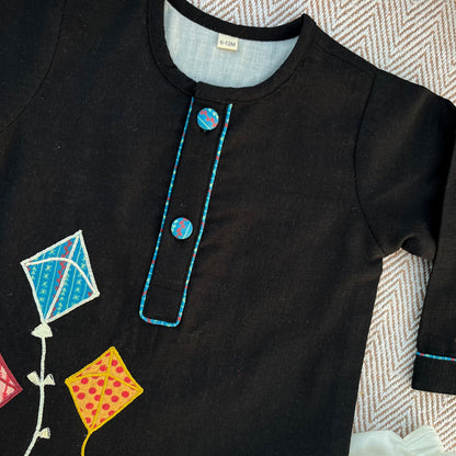 Sankranti special cotton slub black patchwork embroidered kite kurta set for infants, toddlers and kids.