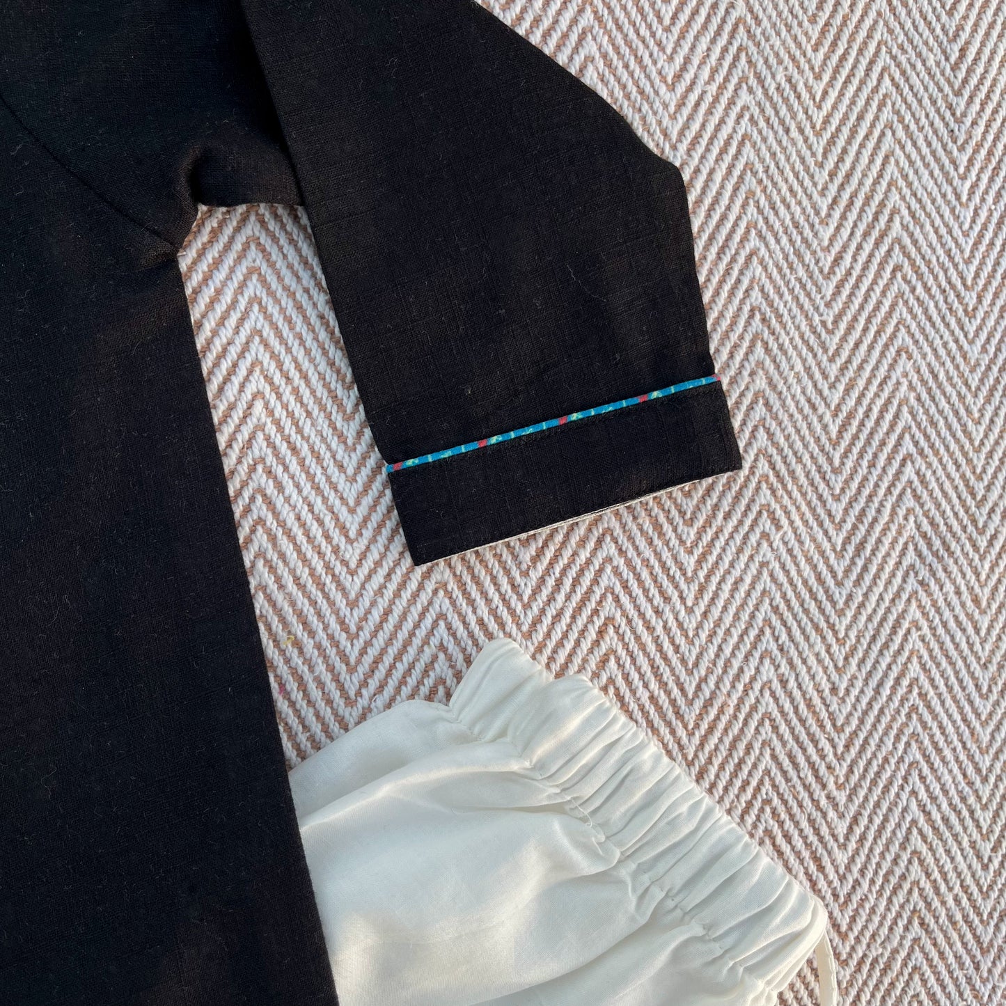 Sankranti special cotton slub black patchwork embroidered kite kurta set for infants, toddlers and kids.