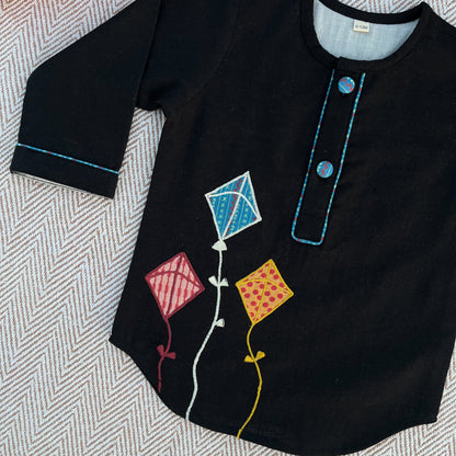 Sankranti special cotton slub black patchwork embroidered kite kurta for infants, toddlers and kids.