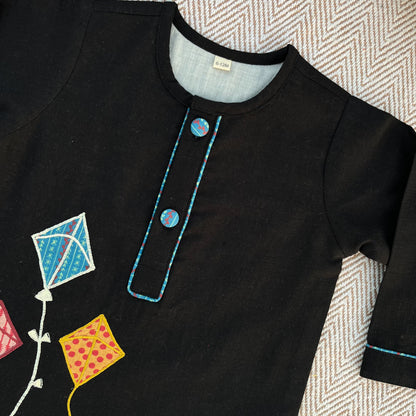 Sankranti special cotton slub black patchwork embroidered kite kurta for infants, toddlers and kids.