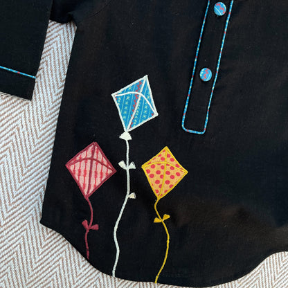 Sankranti special cotton slub black patchwork embroidered kite kurta for infants, toddlers and kids.