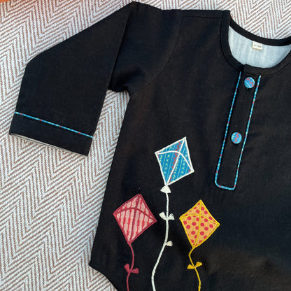 Sankranti special cotton slub black patchwork embroidered kite kurta for infants, toddlers and kids.