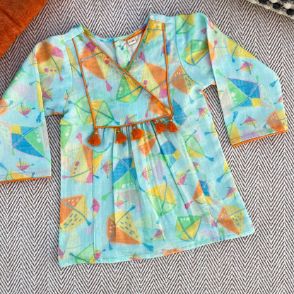 Sankranti special kota doriya with organic cotton voile lining, kites print kurta for infants, toddlers and kids