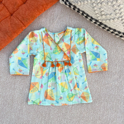 Sankranti special kota doriya with organic cotton voile lining, kites print kurta set for infants, toddlers and kids