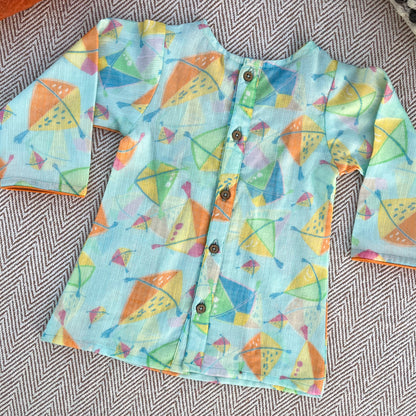 Sankranti special kota doriya with organic cotton voile lining, kites print kurta set for infants, toddlers and kids