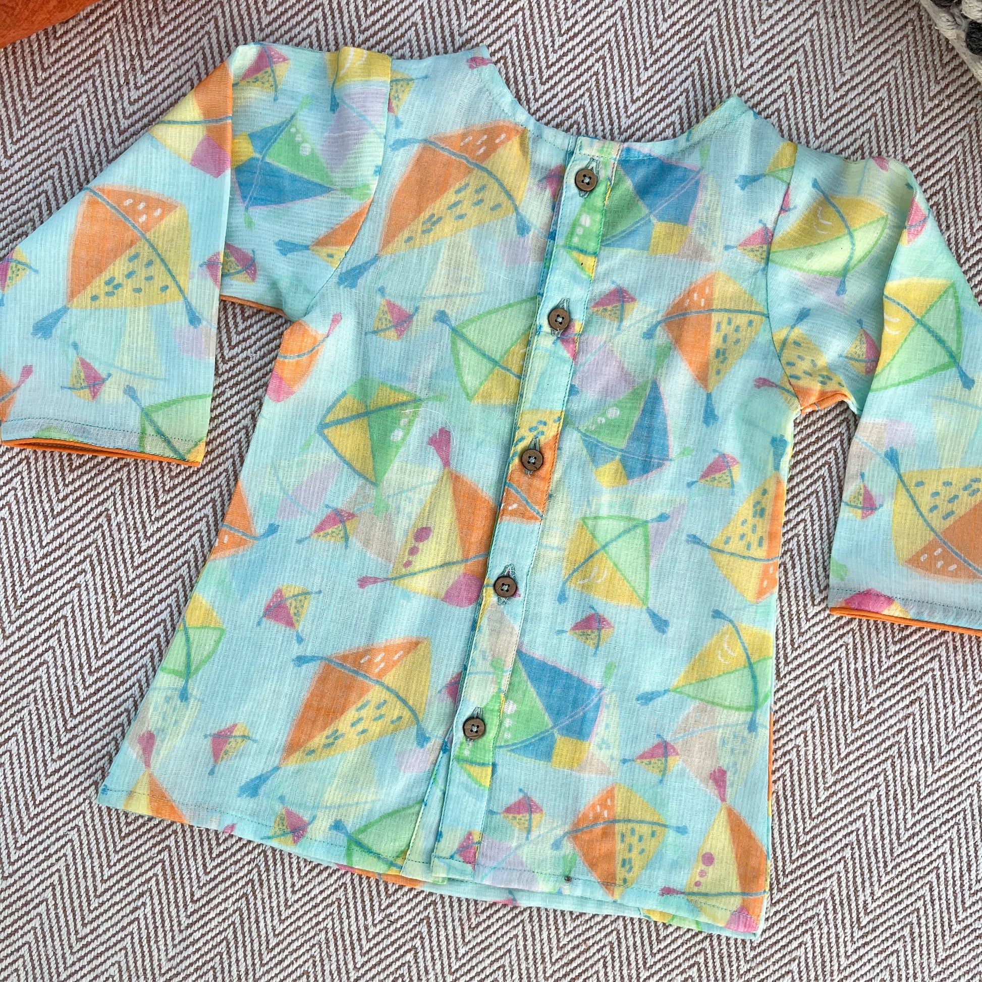 Sankranti special kota doriya with organic cotton voile lining, kites print kurta for infants, toddlers and kids