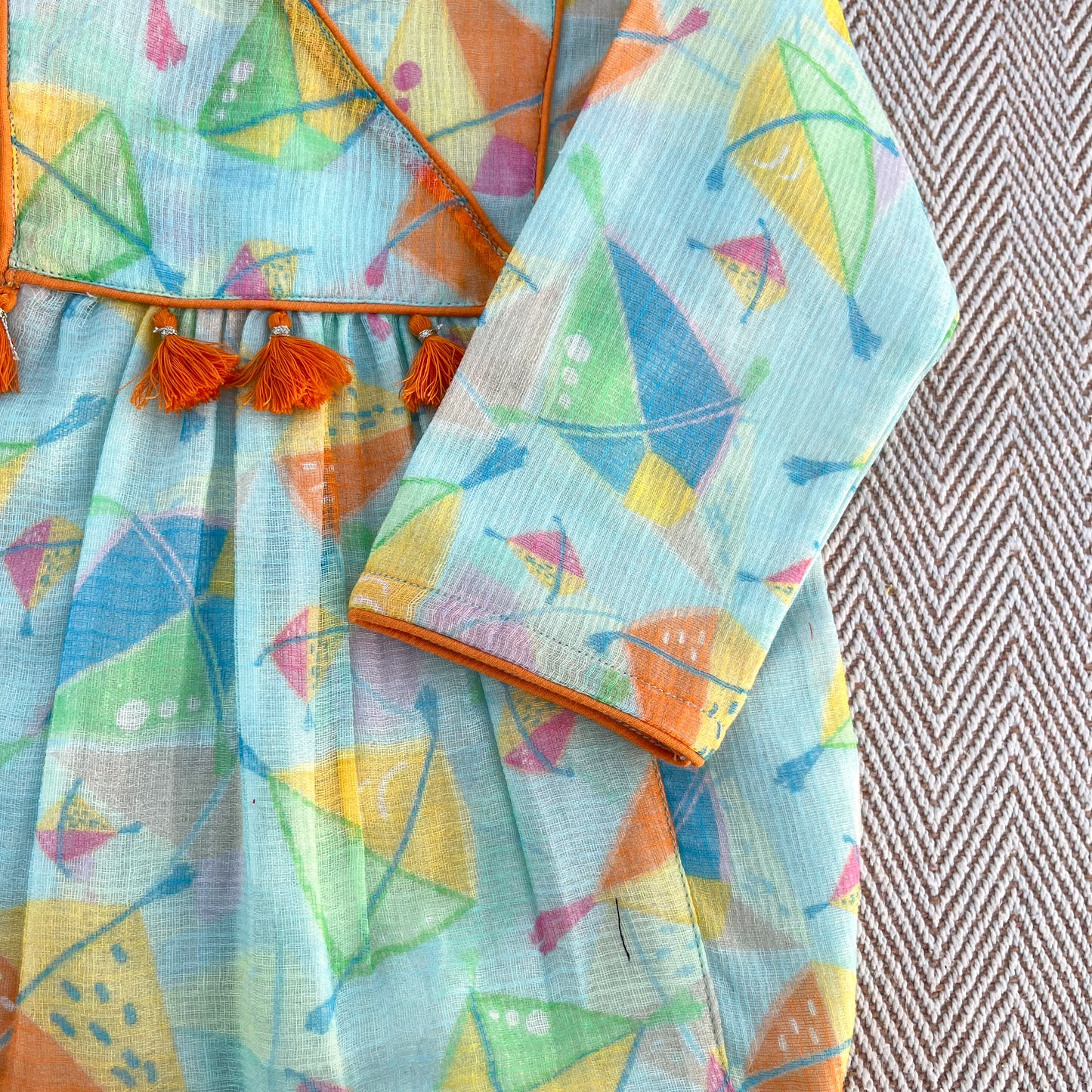 Sankranti special kota doriya with organic cotton voile lining, kites print kurta set for infants, toddlers and kids