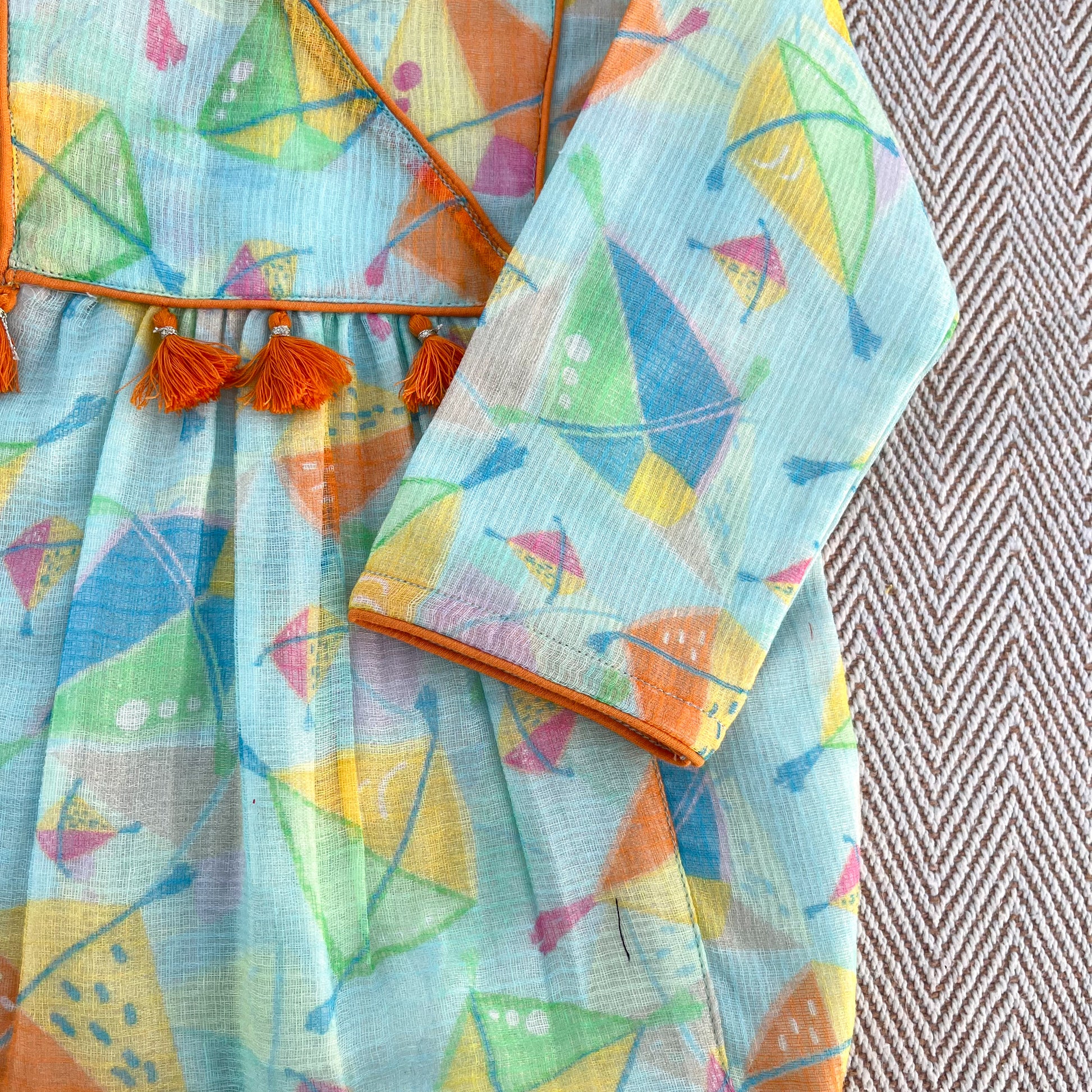 Sankranti special kota doriya with organic cotton voile lining, kites print kurta set for infants, toddlers and kids