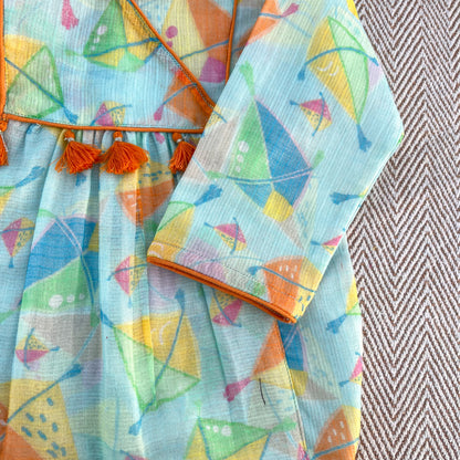 Sankranti special kota doriya with organic cotton voile lining, kites print kurta for infants, toddlers and kids