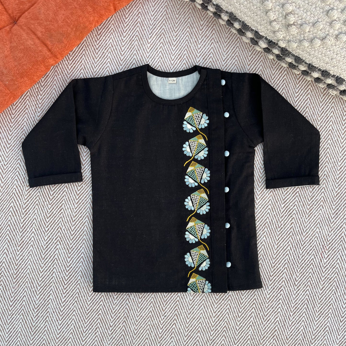 Sankranti special cotton slub black kites-embroidered kurta set for infants, toddlers and kids.