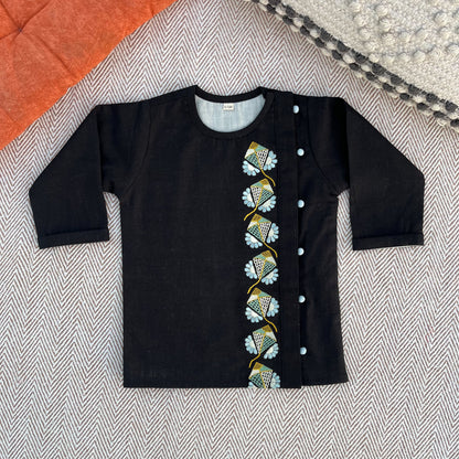 Sankranti special cotton slub black kites-embroidered kurta for infants, toddlers and kids.