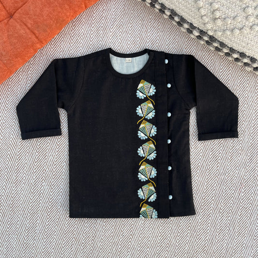 Sankranti special cotton slub black kites-embroidered kurta for infants, toddlers and kids.