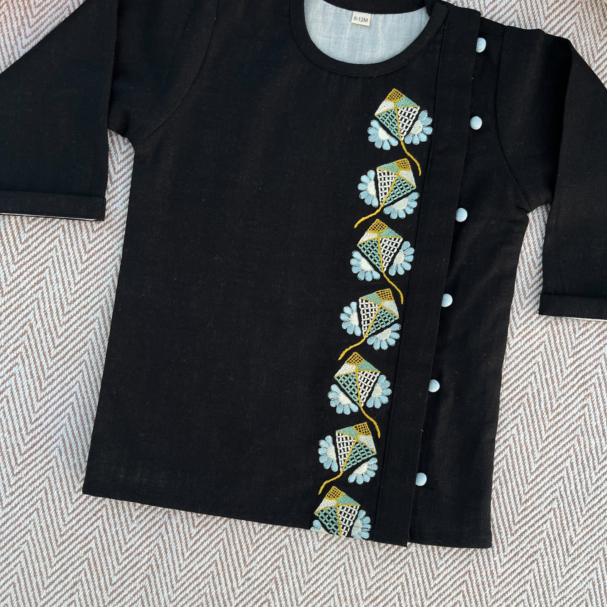 Sankranti special cotton slub black kites-embroidered kurta for infants, toddlers and kids.