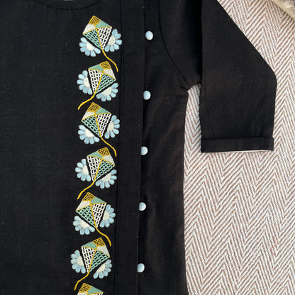 Sankranti special cotton slub black kites-embroidered kurta for infants, toddlers and kids.