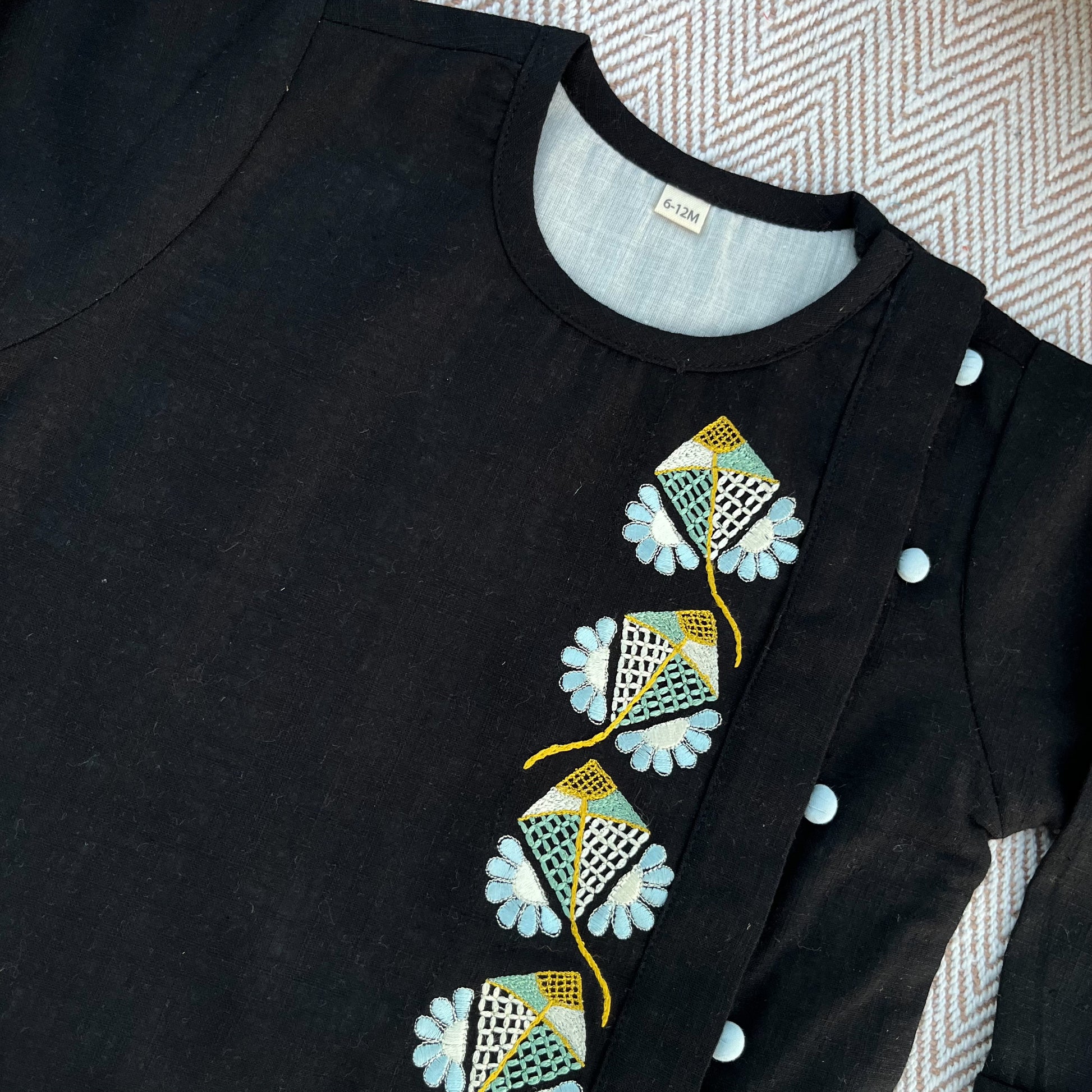 Sankranti special cotton slub black kites-embroidered kurta for infants, toddlers and kids.