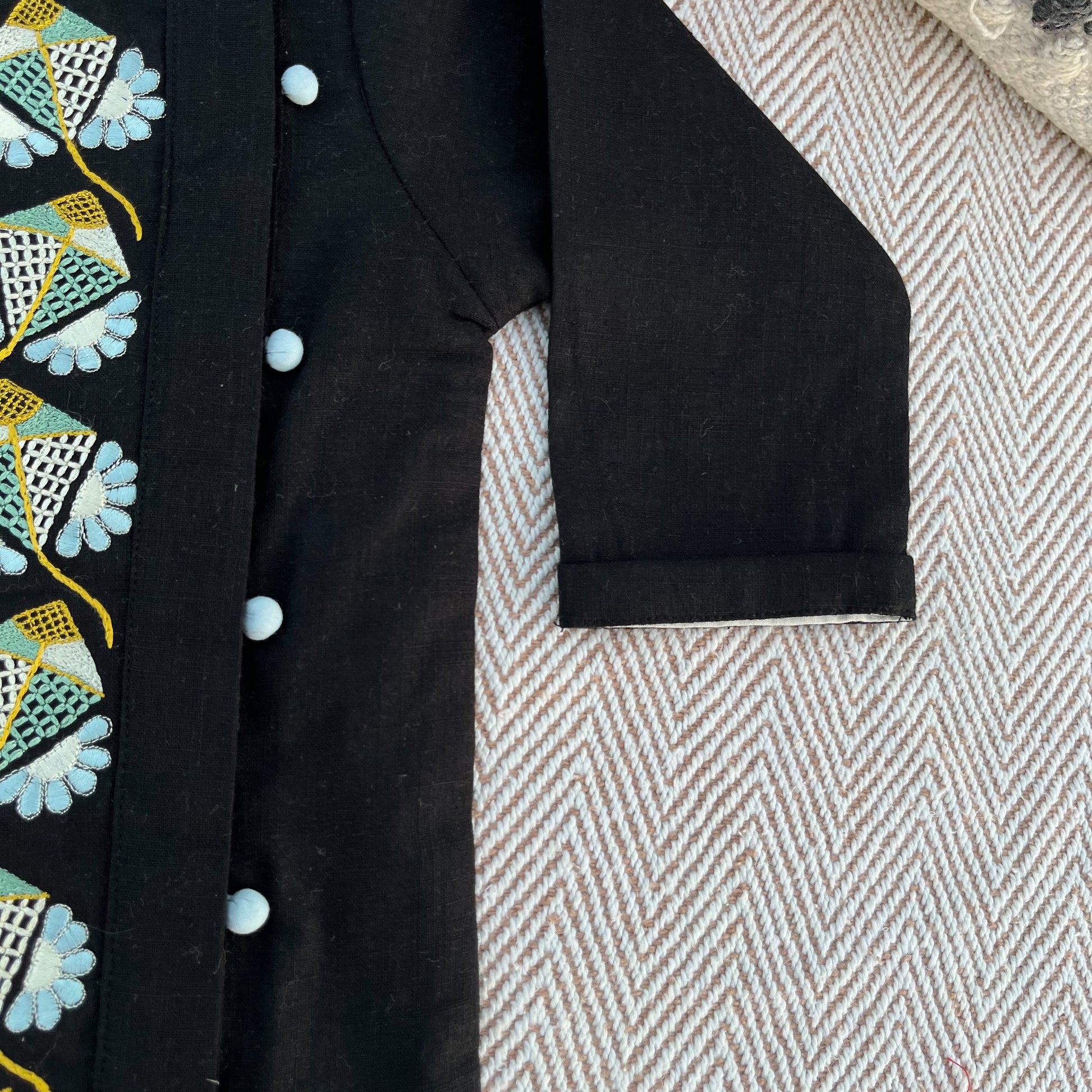 Sankranti special cotton slub black kites-embroidered kurta for infants, toddlers and kids.