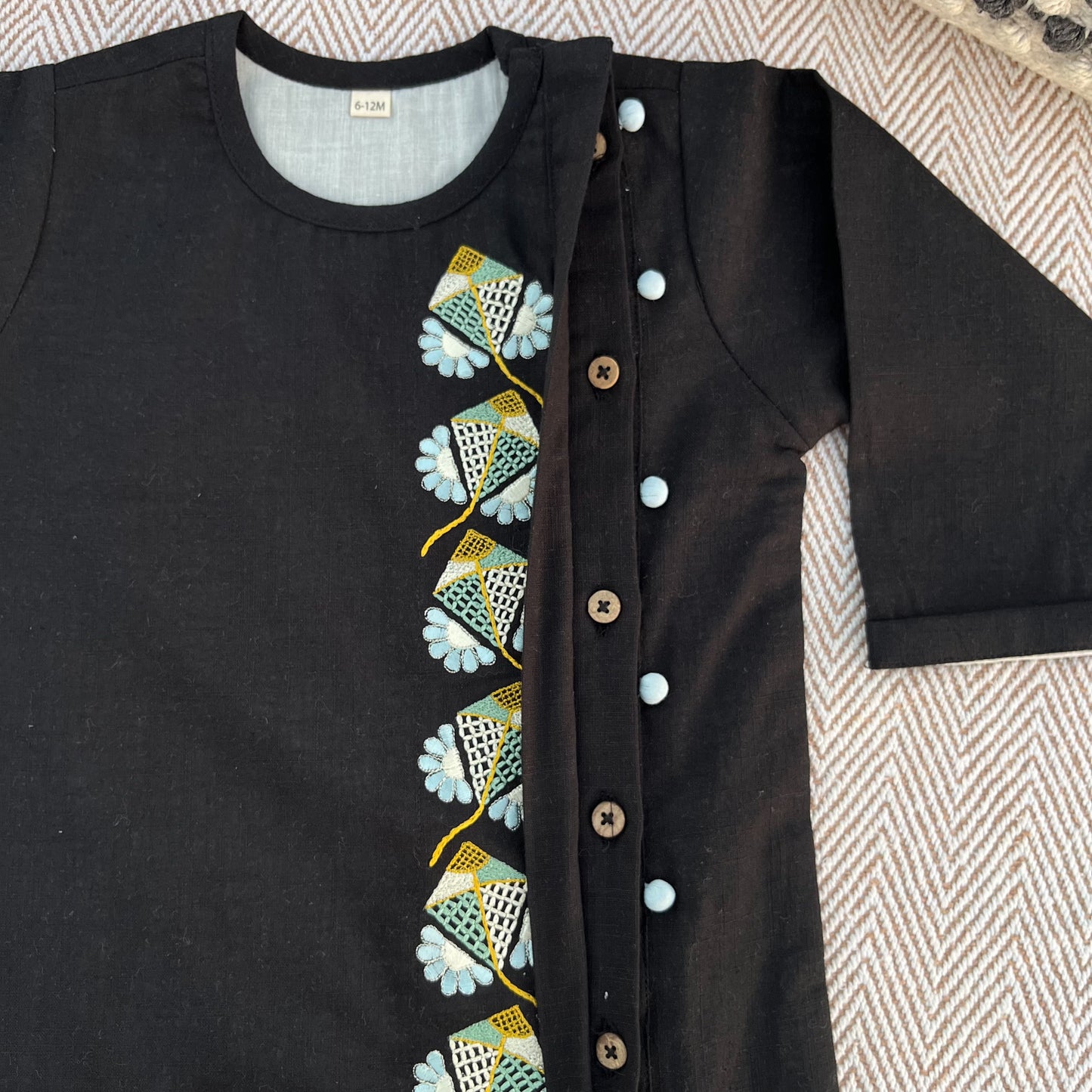 Sankranti special cotton slub black kites-embroidered kurta set for infants, toddlers and kids.