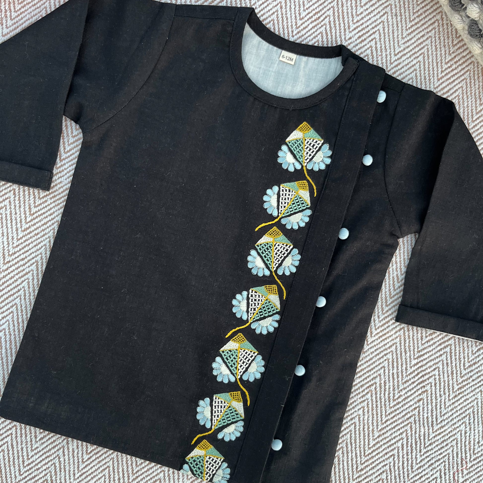 Sankranti special cotton slub black kites-embroidered kurta set for infants, toddlers and kids.