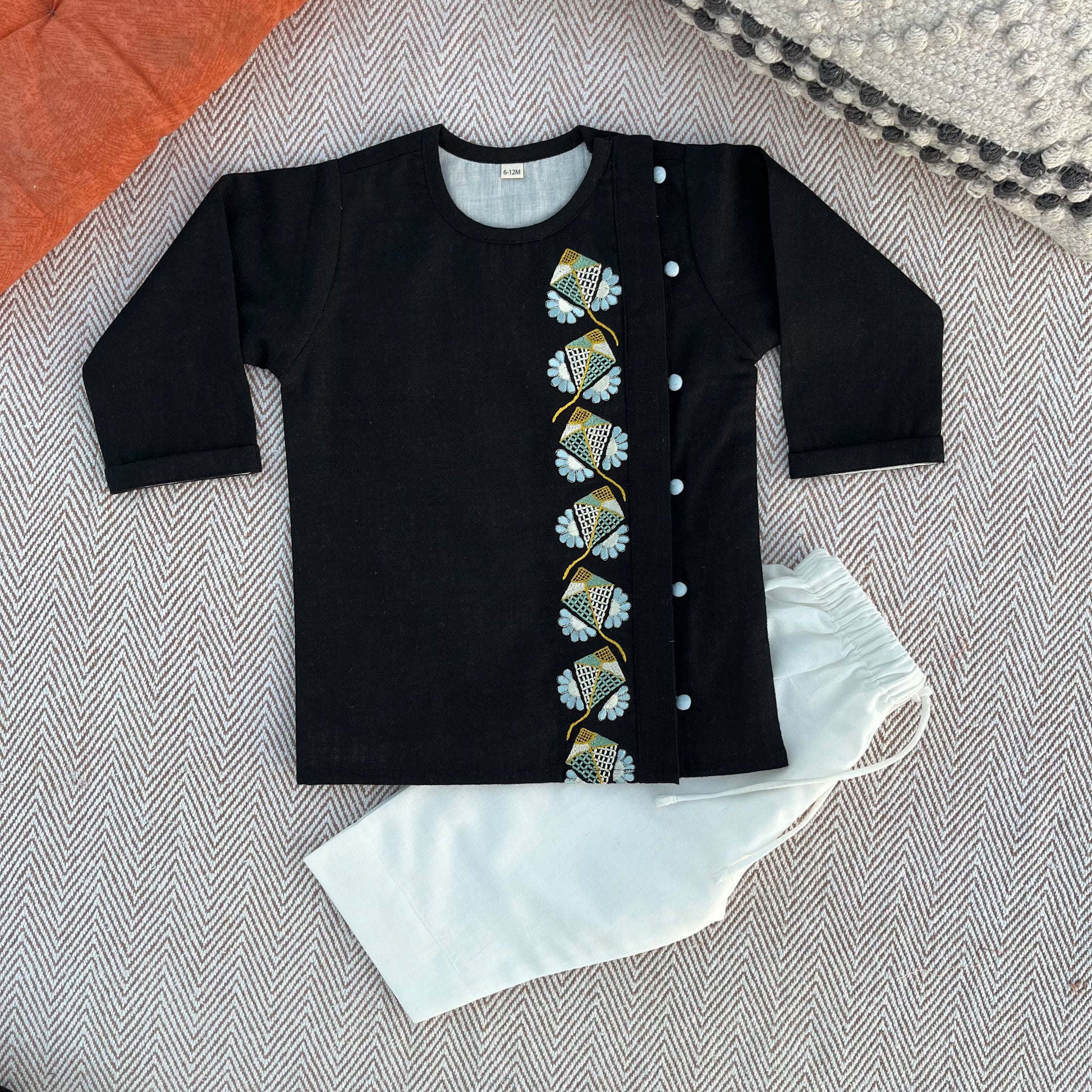 Sankranti special cotton slub black kites-embroidered kurta set for infants, toddlers and kids.