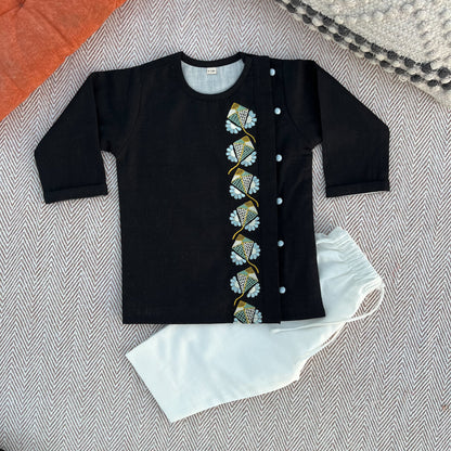 Sankranti special cotton slub black kites-embroidered kurta set for infants, toddlers and kids.