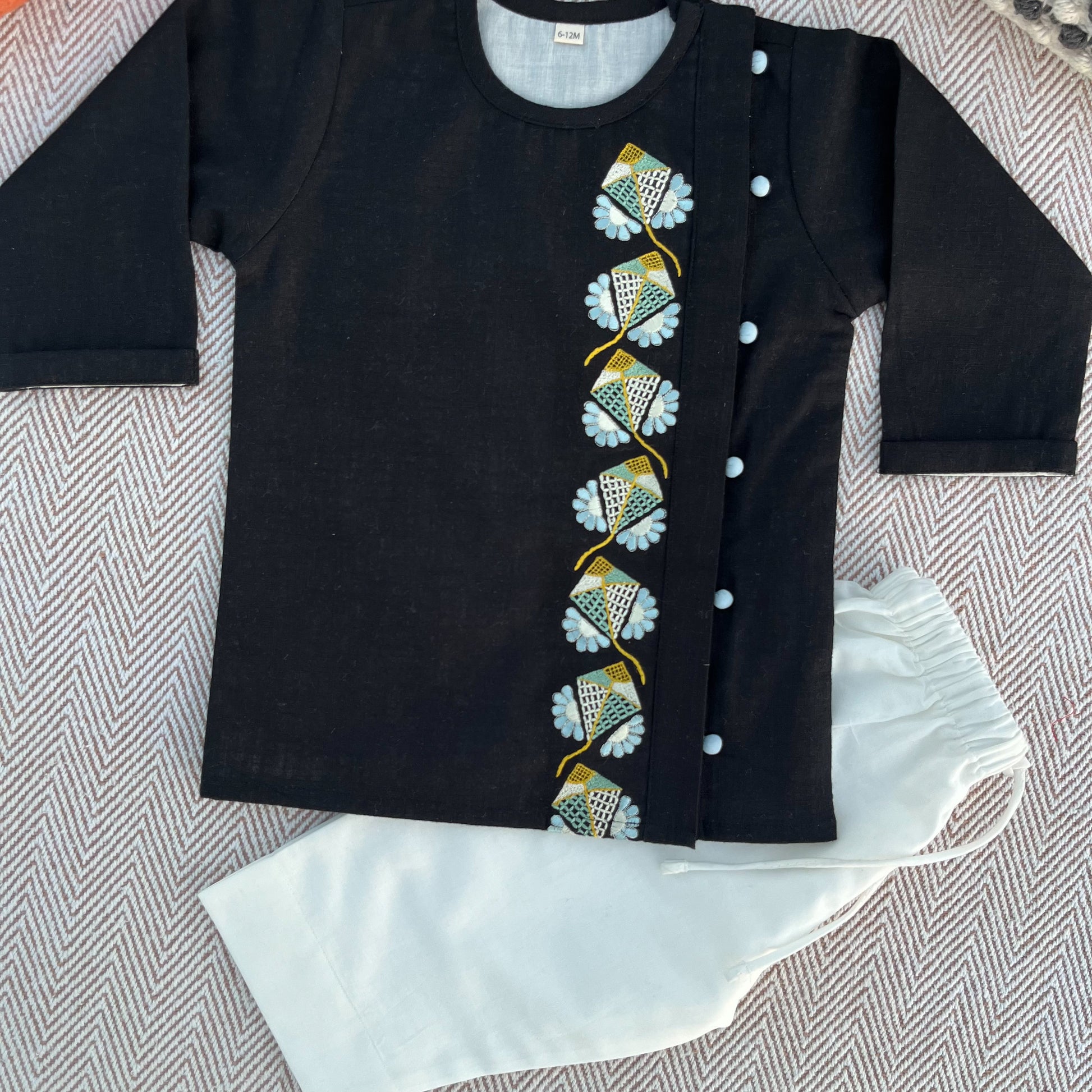 Sankranti special cotton slub black kites-embroidered kurta set for infants, toddlers and kids.