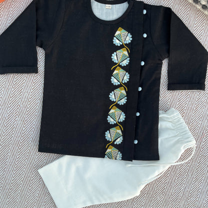 Sankranti special cotton slub black kites-embroidered kurta set for infants, toddlers and kids.