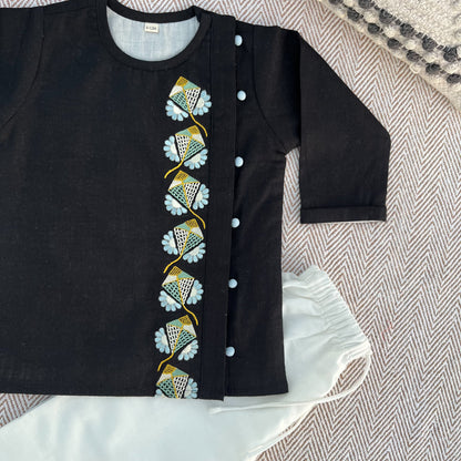 Sankranti special cotton slub black kites-embroidered kurta set for infants, toddlers and kids.
