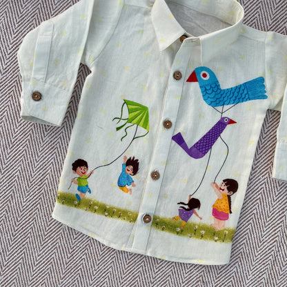 Makar Sankranti special Colourful Kites Print Unisex Cotton Linen Shirt for infants, toddlers and kids.
