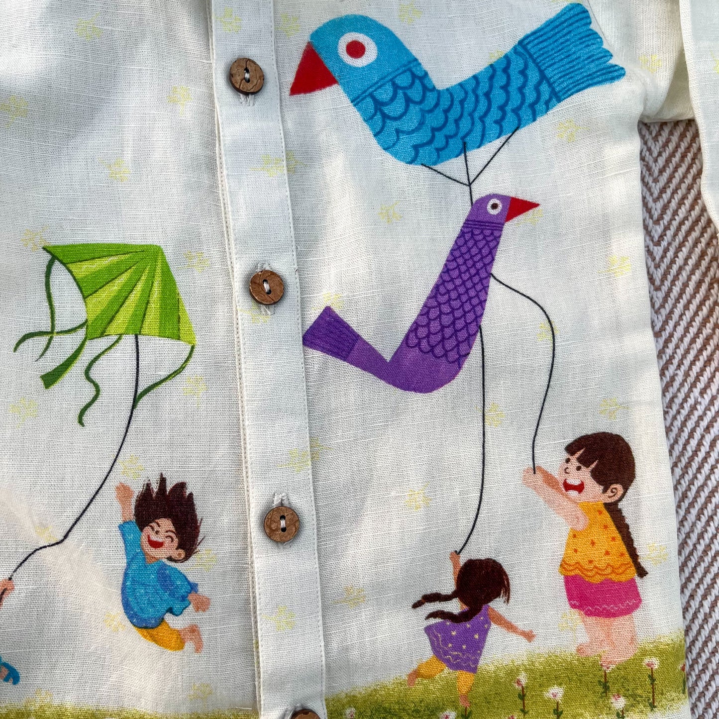 Makar Sankranti special Colourful Kites Print Unisex Cotton Linen Shirt for infants, toddlers and kids.