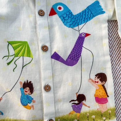 Makar Sankranti special Colourful Kites Print Unisex Cotton Linen Shirt for infants, toddlers and kids.
