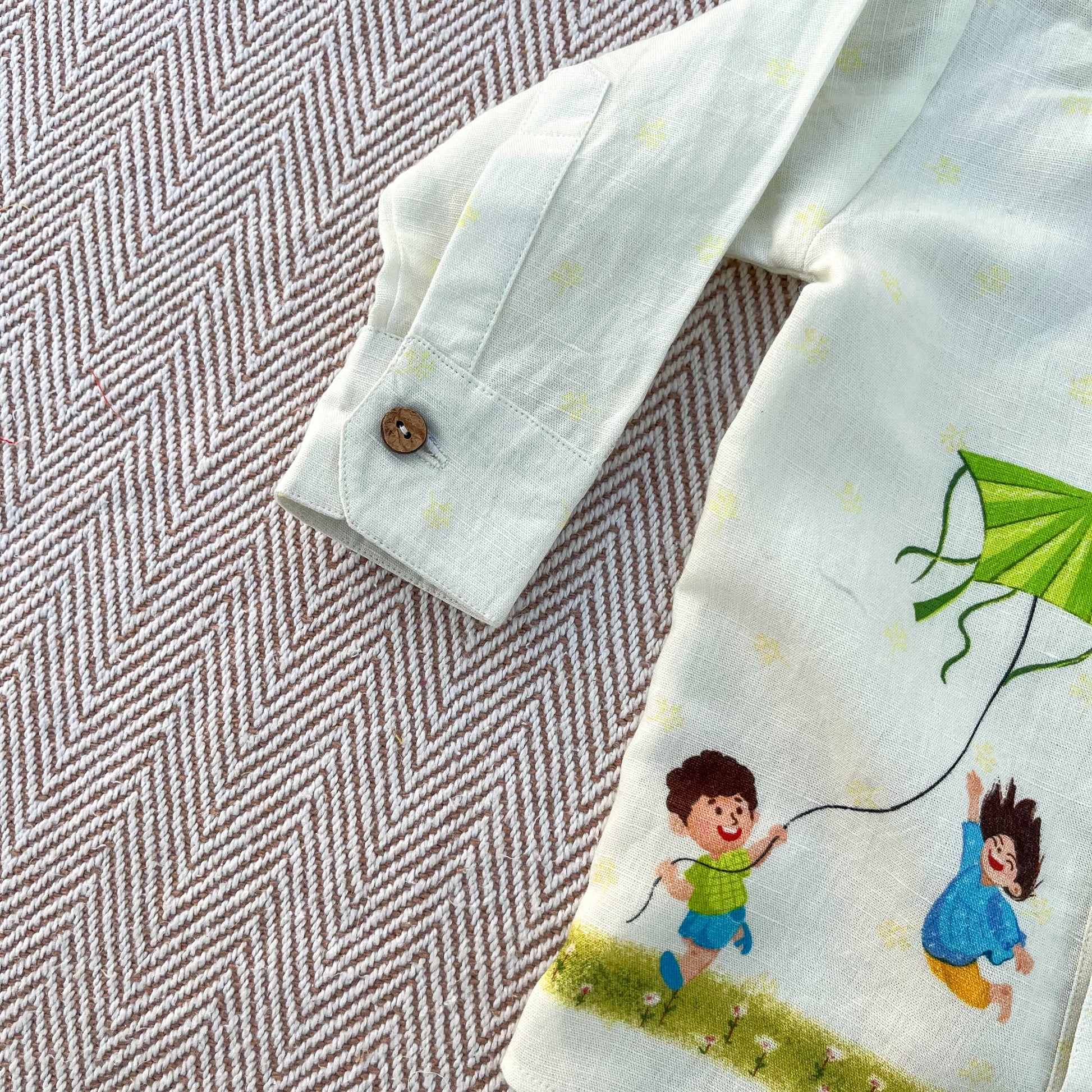 Makar Sankranti special Colourful Kites Print Unisex Cotton Linen Shirt for infants, toddlers and kids.