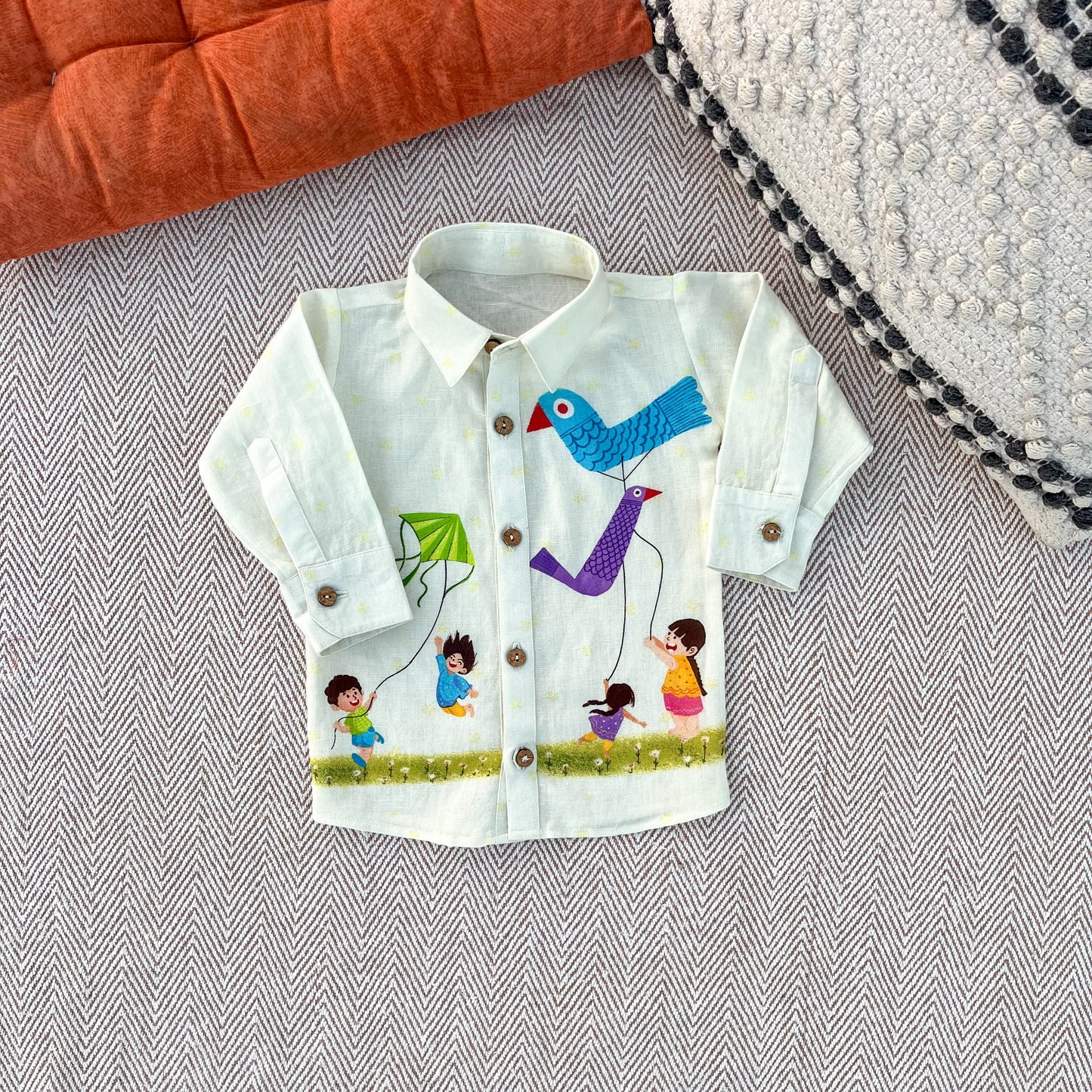 Makar Sankranti special Colourful Kites Print Unisex Cotton Linen Shirt for infants, toddlers and kids.